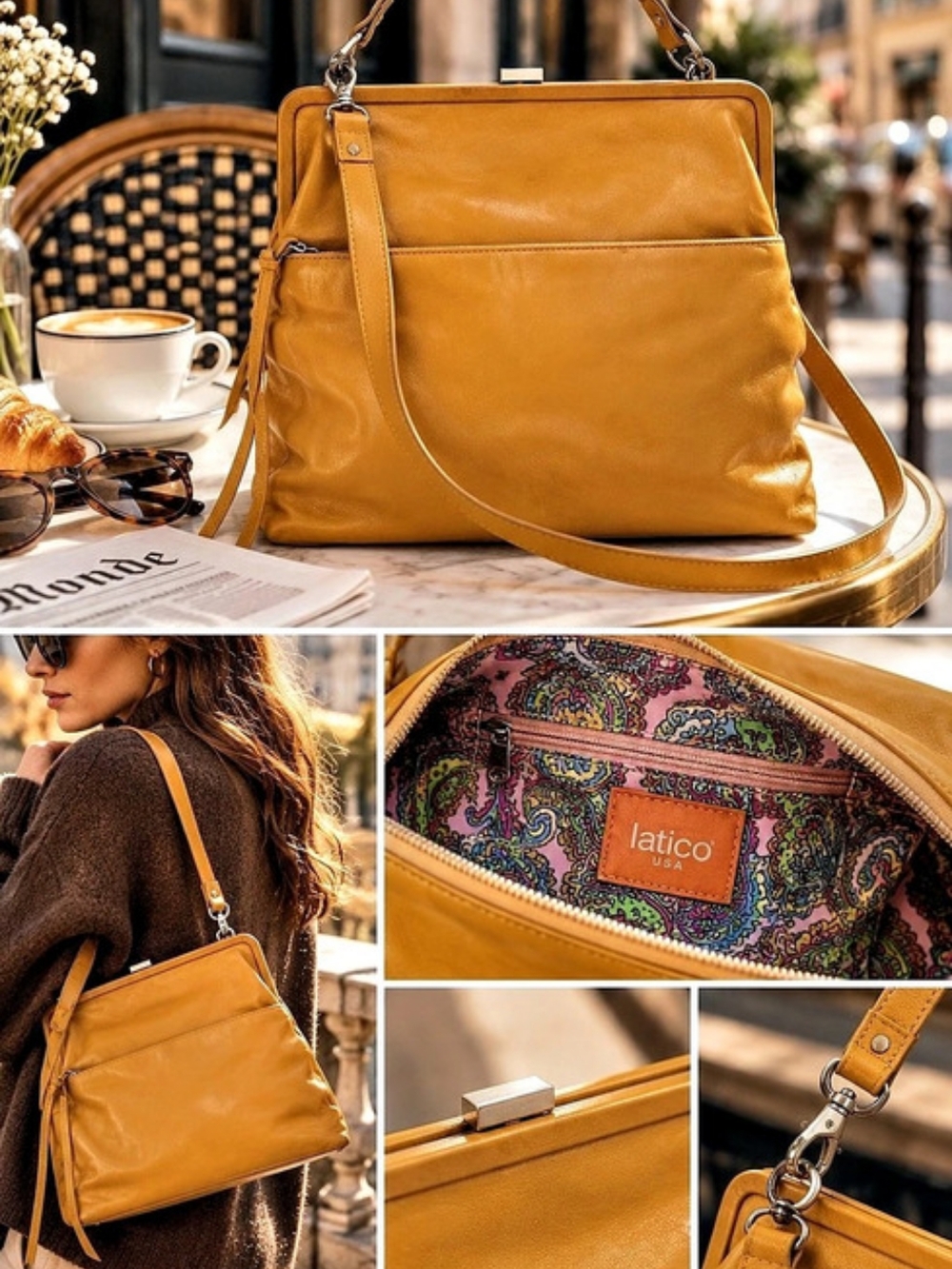 Latico Mustard Yellow Genuine Leather Frame Shoulder Bag Made In USA
